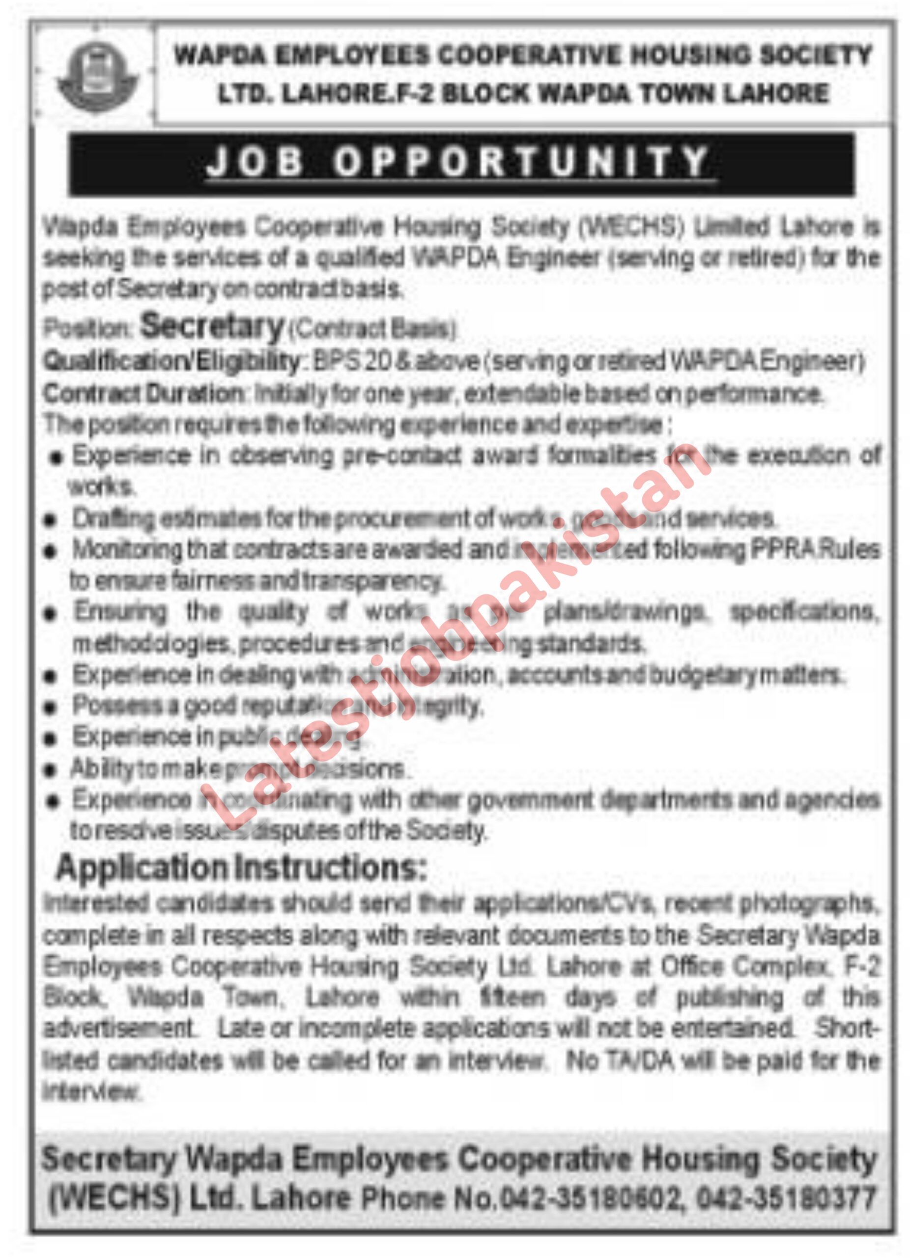 WAPDA Employees Cooperative Housing Society WECHS Jobs 2025