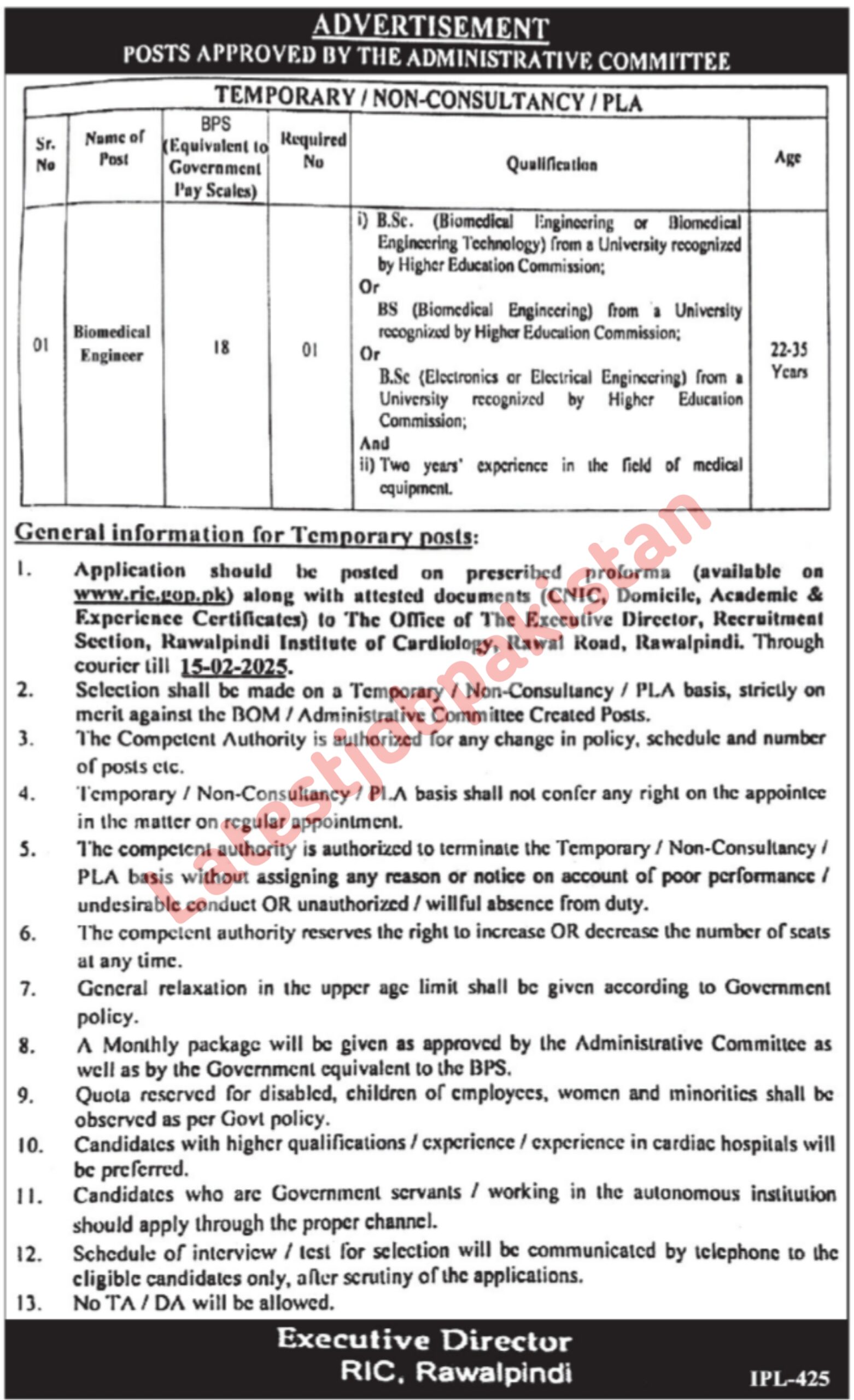 Latest Rawalpindi Institute of Cardiology RIC Jobs 2025