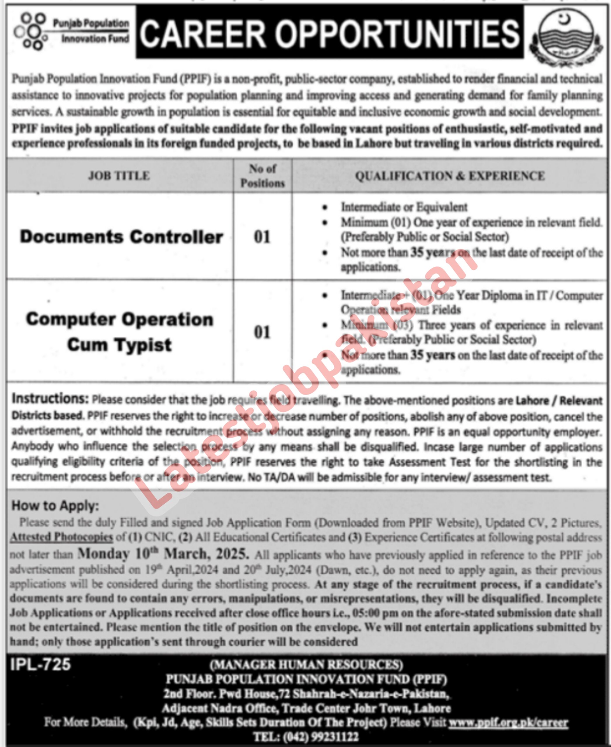 Latest Punjab Population Innovation Fund PPIF Jobs 2025