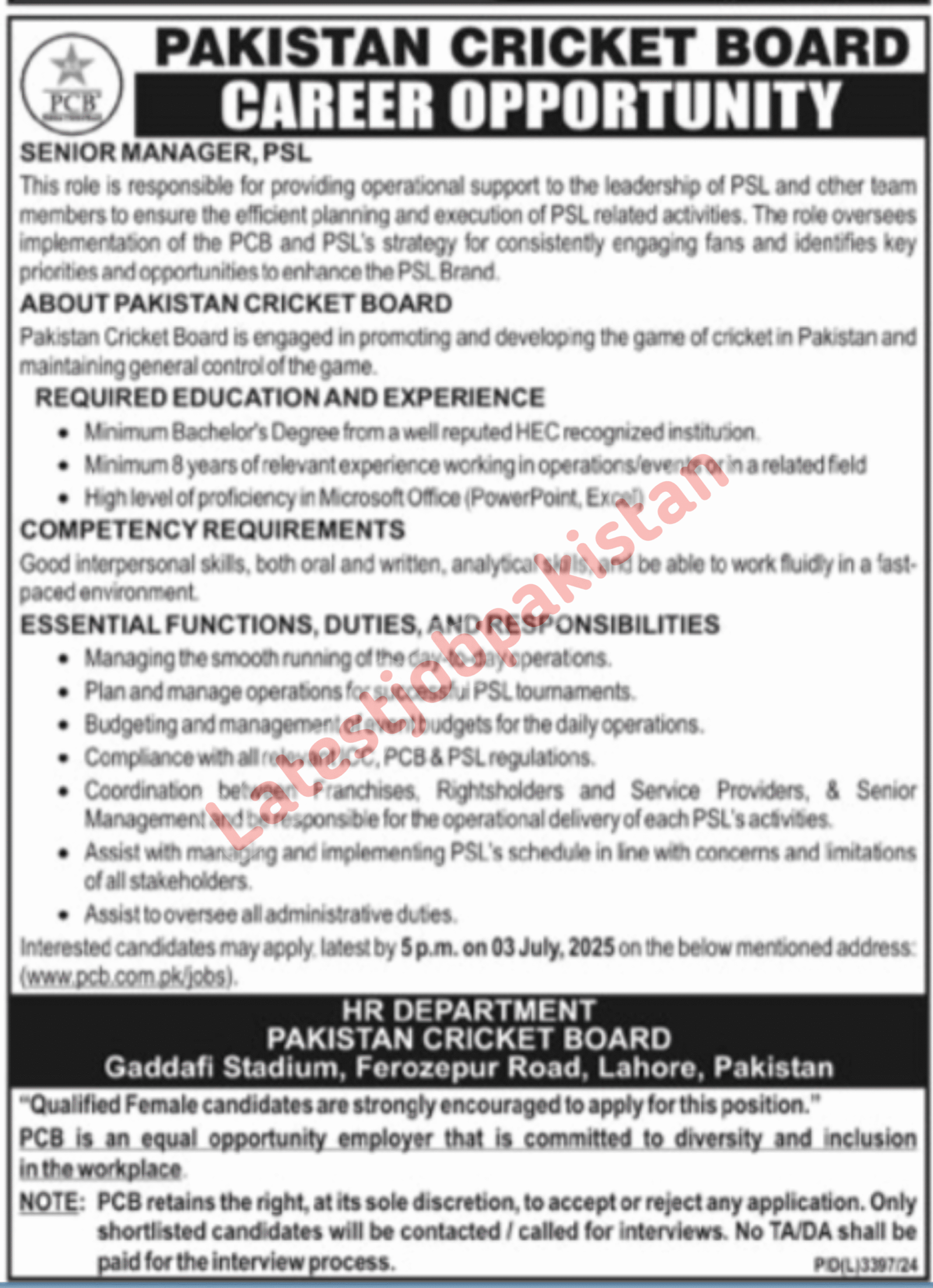 Pakistan Cricket Board PCB Jobs 2025