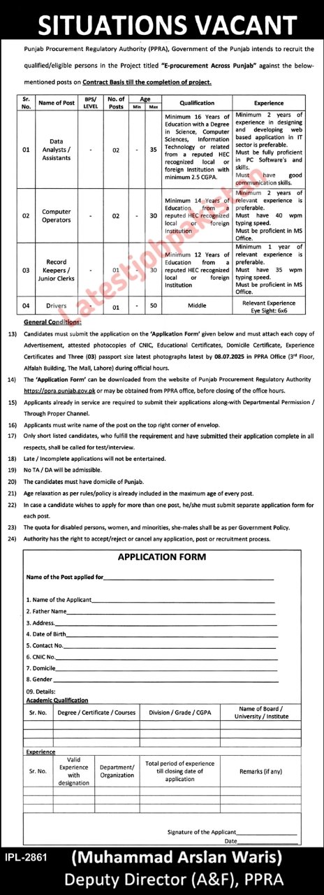 Punjab Procurement Regulatory Authority PPRA Jobs 2025