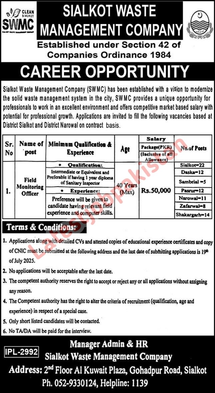 Latest Sialkot Waste Management Company Jobs 2025 