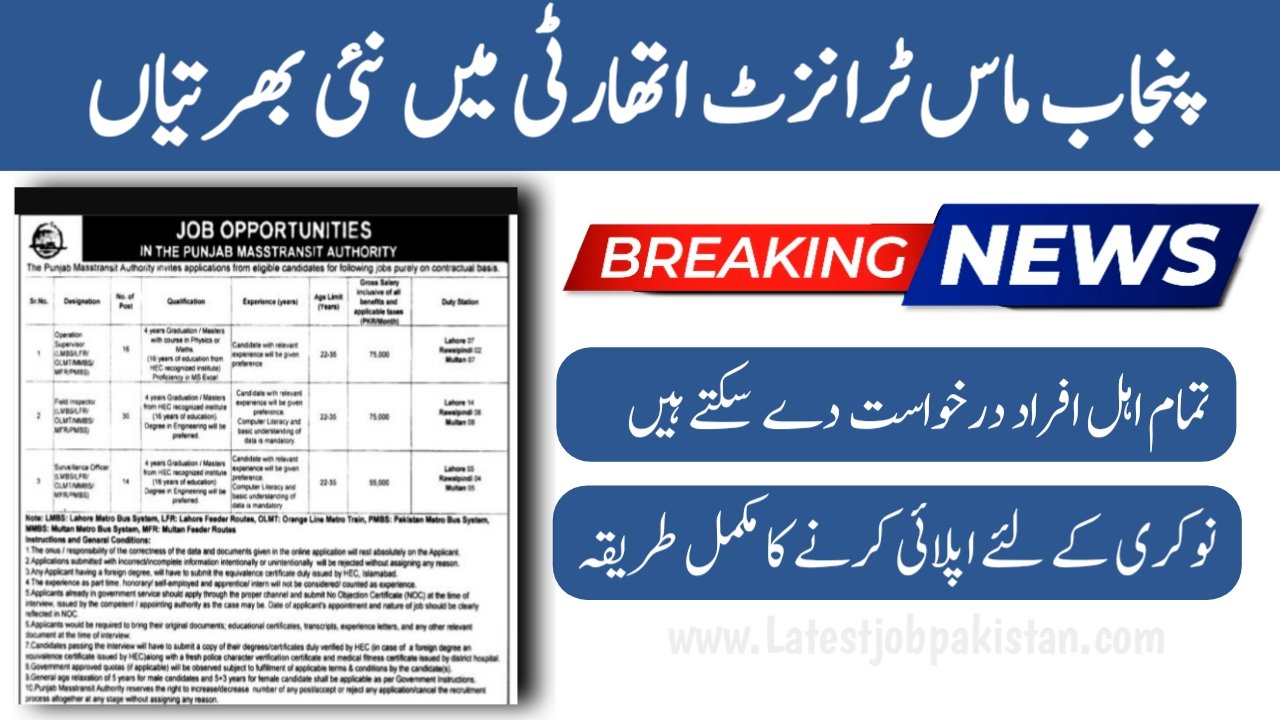 PMA Punjab Masstransit Authority Jobs 2025