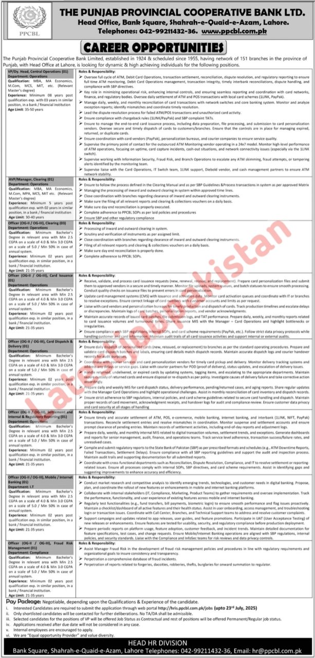 Punjab Provincial Cooperative Bank Limited PPCBL Jobs 2025
