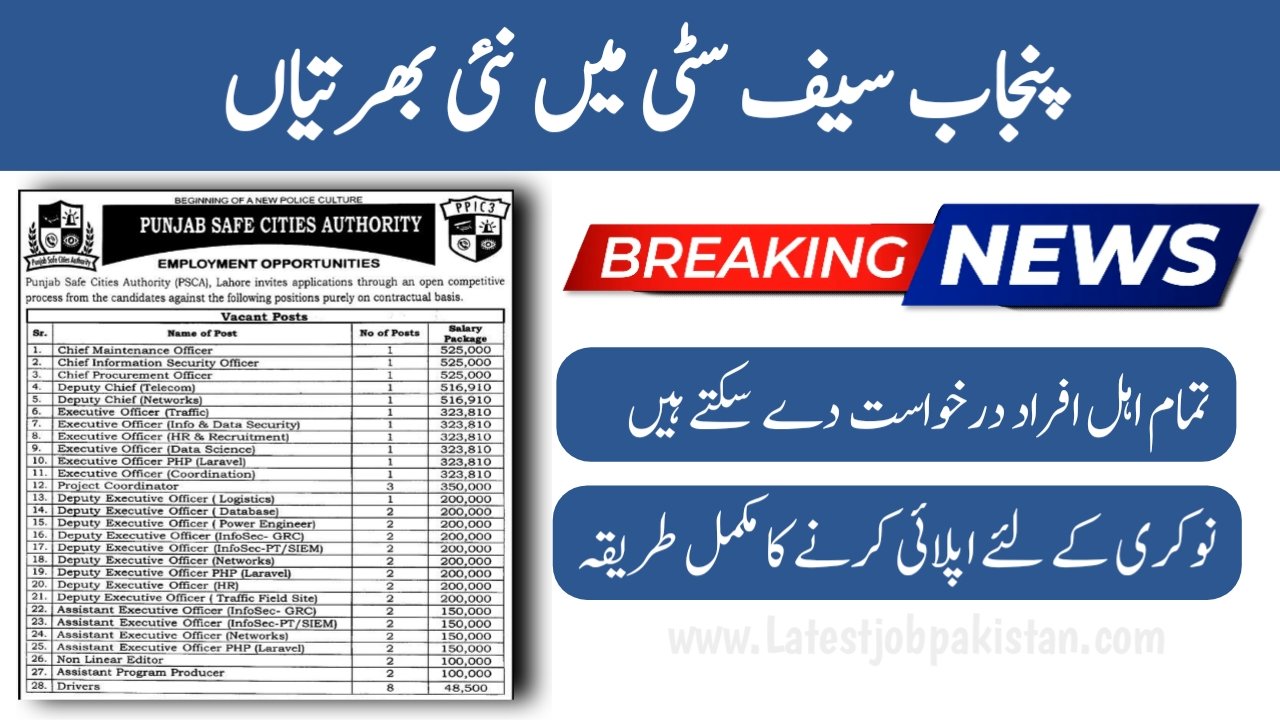 Punjab Safe Cities Authority PSCA Jobs 2025 Online Apply
