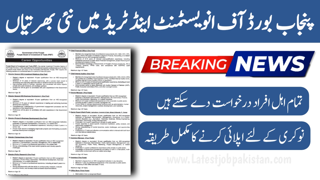 Punjab Board of Investment & Trade PBIT Jobs 2025