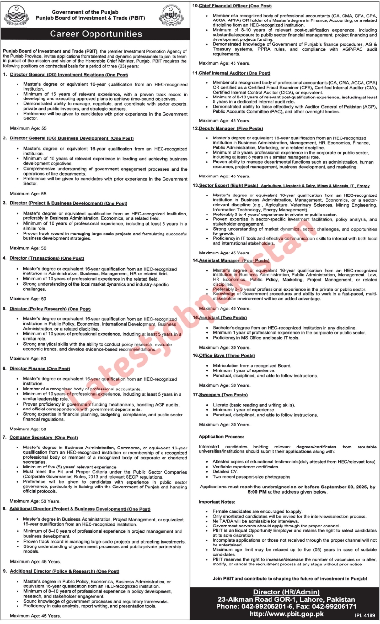 Punjab Board of Investment & Trade PBIT Jobs 2025