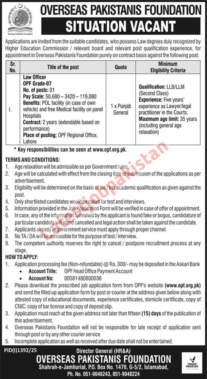 Overseas Pakistanis Foundation OPF Jobs 2025