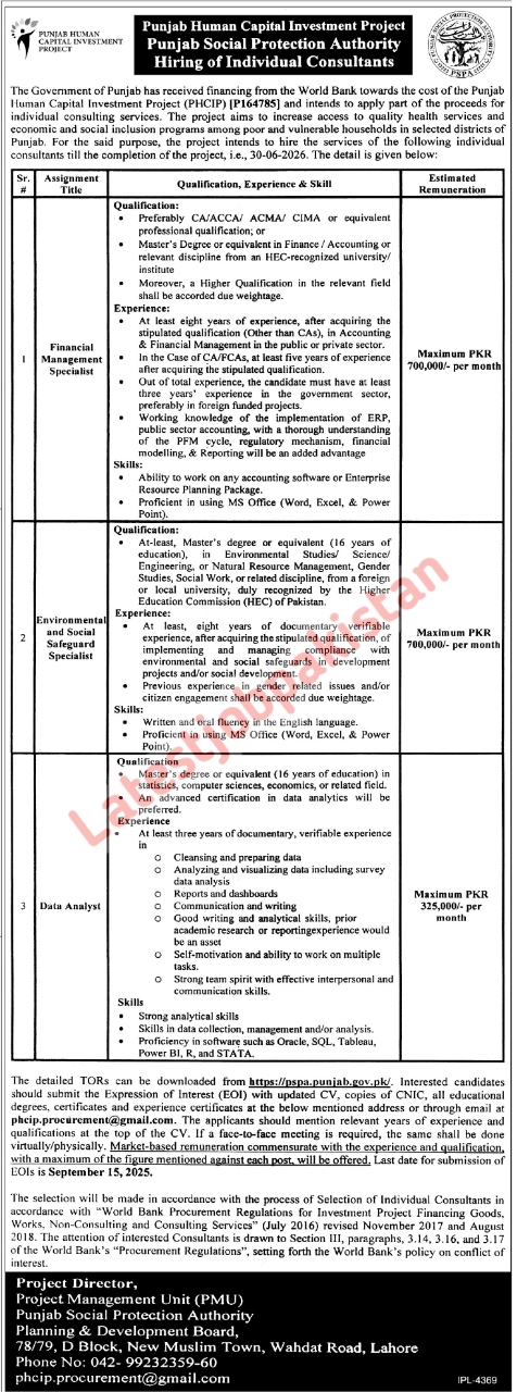 Punjab Social Protection Authority PSPA Jobs 2025